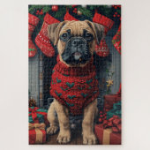 Bullmastiff hond met kerstcadeaus open haard legpuzzel (Verticaal)