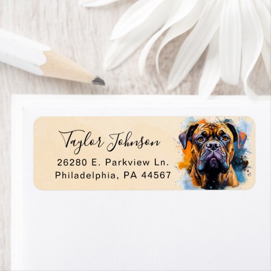 Bullmastiff-hond retouradreslabel etiket (Insitu)