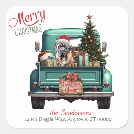 Bullmastiff Hond Retro Truck Kerstmis Vierkante Sticker (Voorkant)