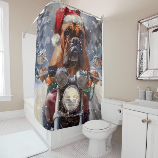 Bullmastiff Hond Rijden Motorfiets Kerstmis Douchegordijn (In situ)