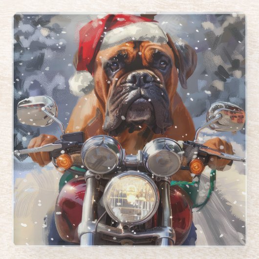 Bullmastiff Hond Rijden Motorfiets Kerstmis Glazen Onderzetter (Voorkant)