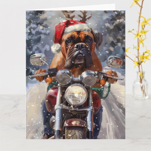 Bullmastiff Hond Rijden Motorfiets Kerstmis Kaart (Gele Bloem)