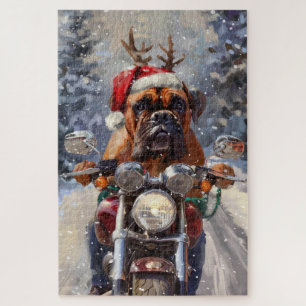 Bullmastiff-hond rijdt op motorfiets met Kerstmis  Legpuzzel