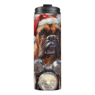 Bullmastiff-hond rijdt op motorfiets met Kerstmis Thermosbeker