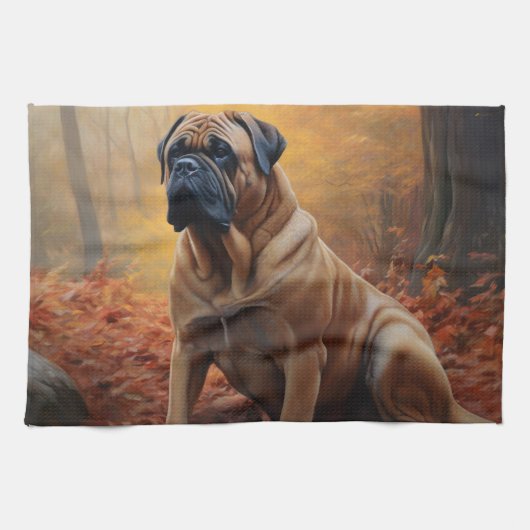Bullmastiff in herfstbladeren Herfst Inspire Theedoek (Horizontaal)