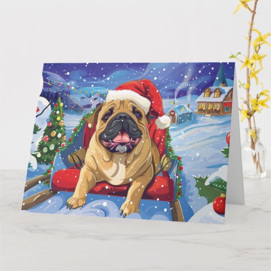 Bullmastiff in Sleigh Snow Kerstmis Kaart (Gele Bloem)