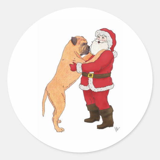 Bullmastiff Jowly Kerstgroet Ronde Sticker (Voorkant)