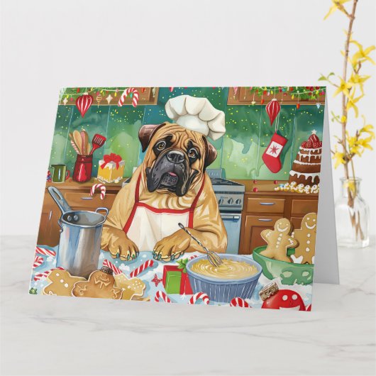 Bullmastiff Kerstbakken: Festive Kerstmis Kaart (Gele Bloem)