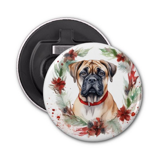 Bullmastiff Kerstkrans feestelijke pup Button Flesopener (Voorkant)