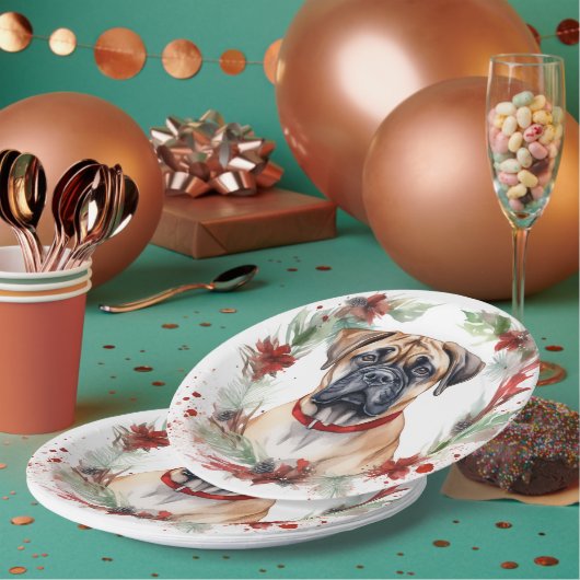 Bullmastiff Kerstkrans feestelijke pup Papieren Bordje (Multi)