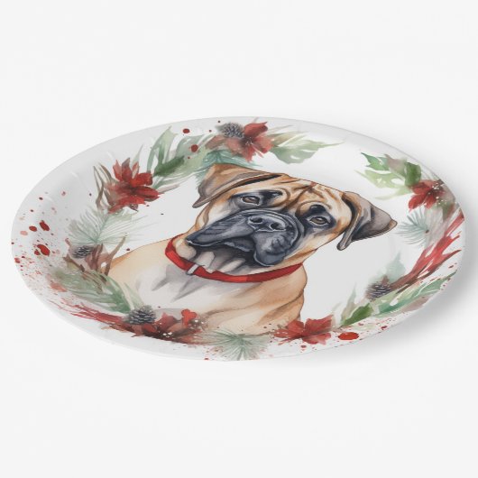 Bullmastiff Kerstkrans feestelijke pup Papieren Bordje (Gekanteld)
