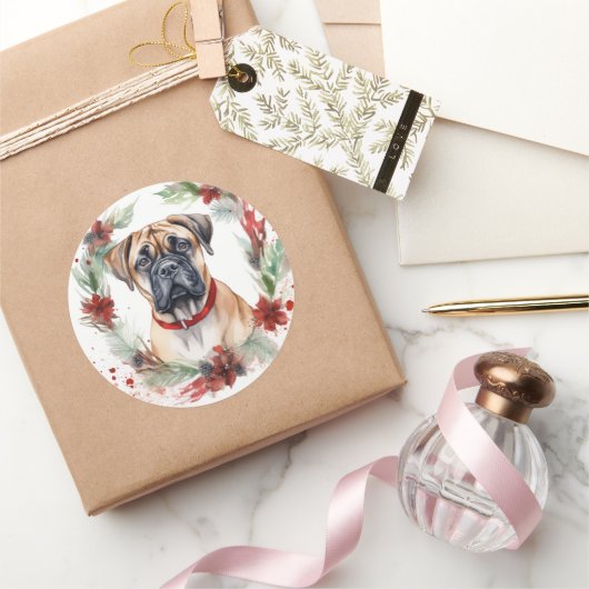 Bullmastiff Kerstkrans feestelijke pup Ronde Sticker (Geschenken)