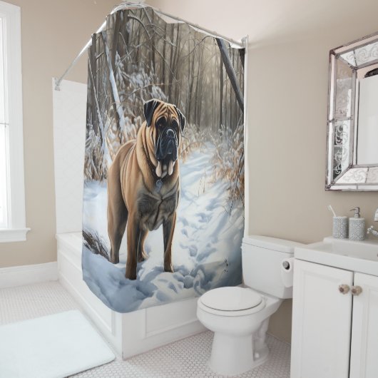 Bullmastiff laat het sneeuwen Kerstmis Douchegordijn (In situ)