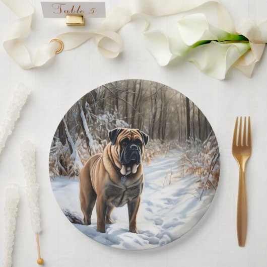 Bullmastiff laat het sneeuwen Kerstmis Papieren Bordje (Huwelijk)