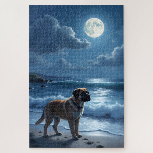 Bullmastiff maanlicht strand scene legpuzzel (Verticaal)