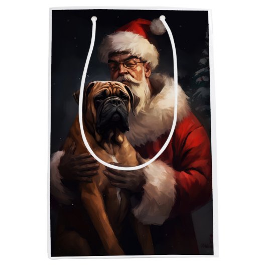 Bullmastiff met Kerstman Feestelijke Kerstmis Medium Cadeauzakje (Voorkant)