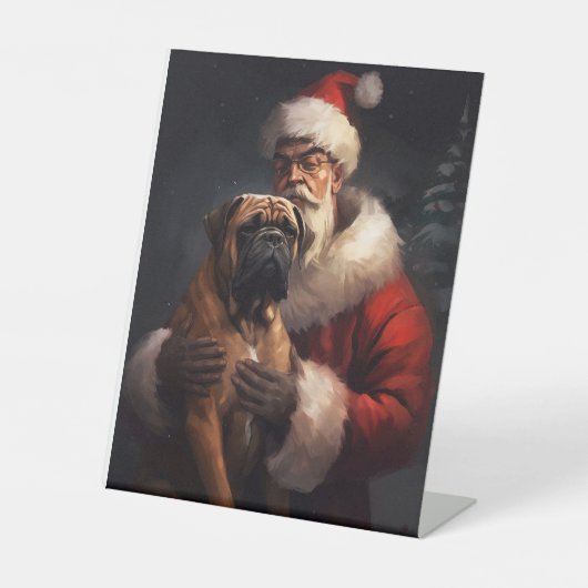 Bullmastiff met Kerstman Feestelijke Kerstmis Reclamebord Met Voetstuk (Voorkant)