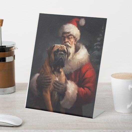 Bullmastiff met Kerstman Feestelijke Kerstmis Reclamebord Met Voetstuk (Insitu)