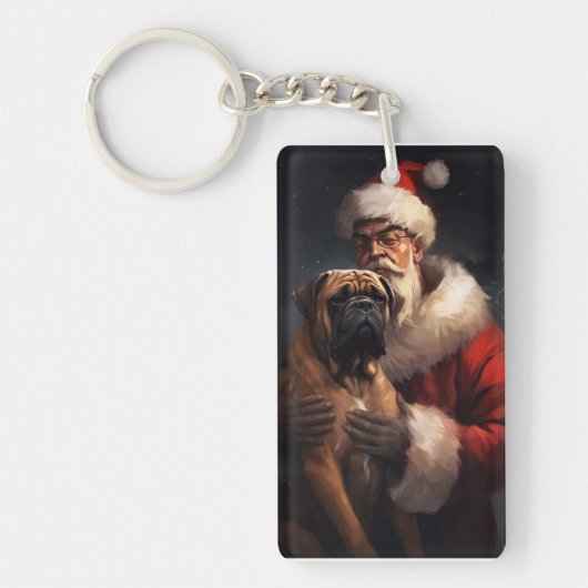 Bullmastiff met Kerstman Feestelijke Kerstmis Sleutelhanger (Voorkant)