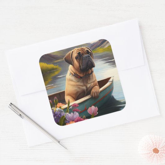 Bullmastiff op een peddel: Een Schilderachtig avon Vierkante Sticker (Envelop)