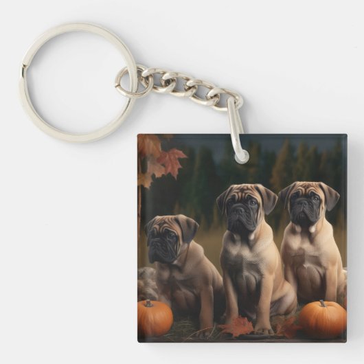 Bullmastiff Puppy Herfst Delight Pompoen Sleutelhanger (Voorkant)