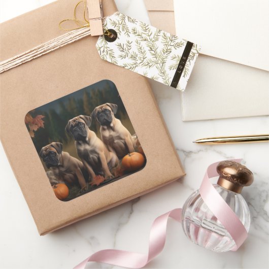 Bullmastiff Puppy Herfst Delight Pompoen Vierkante Sticker (Geschenken)