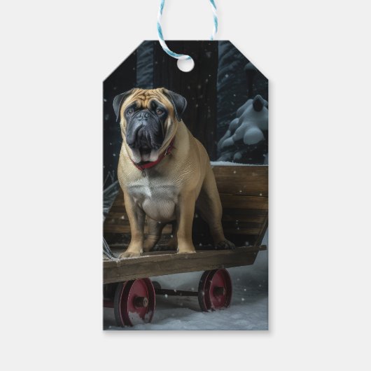 Bullmastiff Sneeuw Slede Kerst Decoratie Cadeaulabel (Voorkant)
