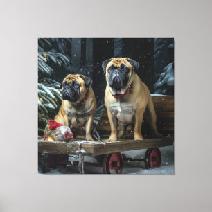 Bullmastiff Snowy Sleigh Kerstdecoratie Canvas Afdruk