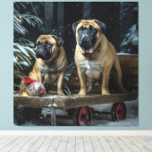 Bullmastiff Snowy Sleigh Kerstdecoratie Canvas Afdruk (Insitu (Houten vloer))