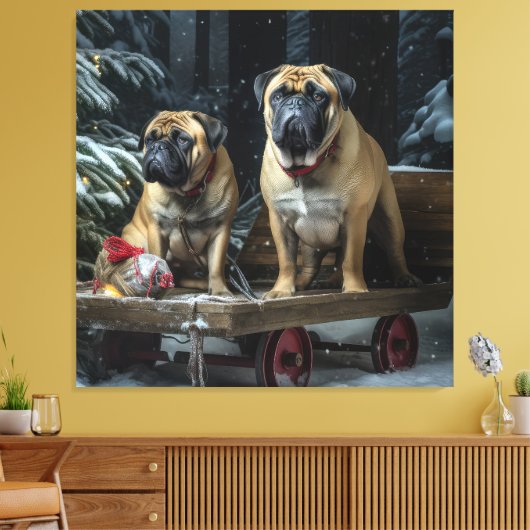 Bullmastiff Snowy Sleigh Kerstdecoratie Canvas Afdruk (Insitu (Woonkamer))