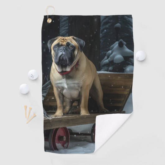 Bullmastiff Snowy Sleigh Kerstdecoratie Golfhanddoek (Insitu)