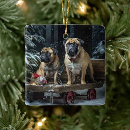 Bullmastiff Snowy Sleigh Kerstdecoratie Keramisch Ornament (Boom)