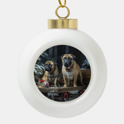 Bullmastiff Snowy Sleigh Kerstdecoratie Keramische Bal Ornament (Voorkant)