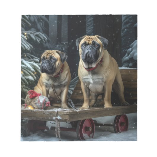 Bullmastiff Snowy Sleigh Kerstdecoratie Notitieblok (Voorkant)