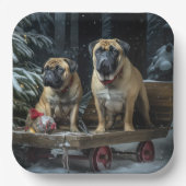 Bullmastiff Snowy Sleigh Kerstdecoratie Papieren Bordje (Voorkant)