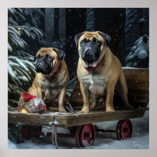 Bullmastiff Snowy Sleigh Kerstdecoratie Poster (Voorkant)