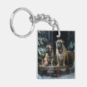 Bullmastiff Snowy Sleigh Kerstdecoratie Sleutelhanger (Voorkant Links)