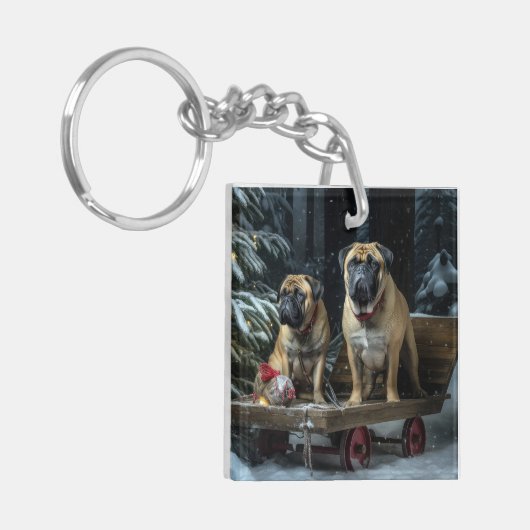 Bullmastiff Snowy Sleigh Kerstdecoratie Sleutelhanger (Voorkant Links)