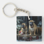 Bullmastiff Snowy Sleigh Kerstdecoratie Sleutelhanger (Voorkant)