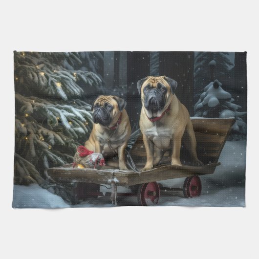 Bullmastiff Snowy Sleigh Kerstdecoratie Theedoek (Horizontaal)