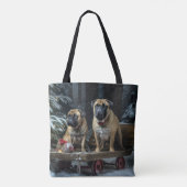 Bullmastiff Snowy Sleigh Kerstdecoratie Tote Bag (Achterkant)
