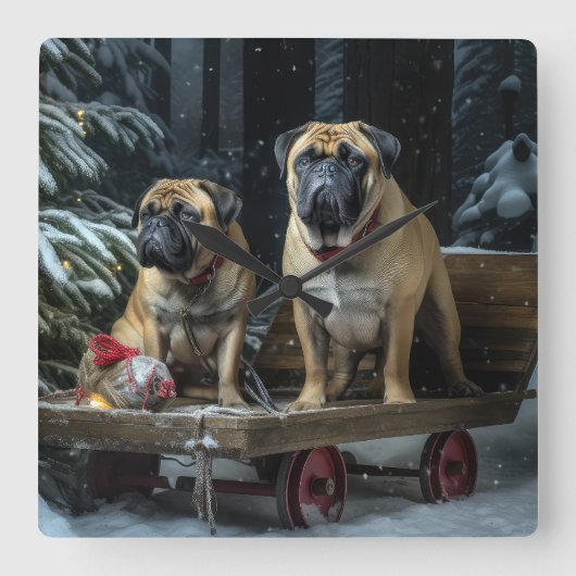 Bullmastiff Snowy Sleigh Kerstdecoratie Vierkante Klok (Voorkant)