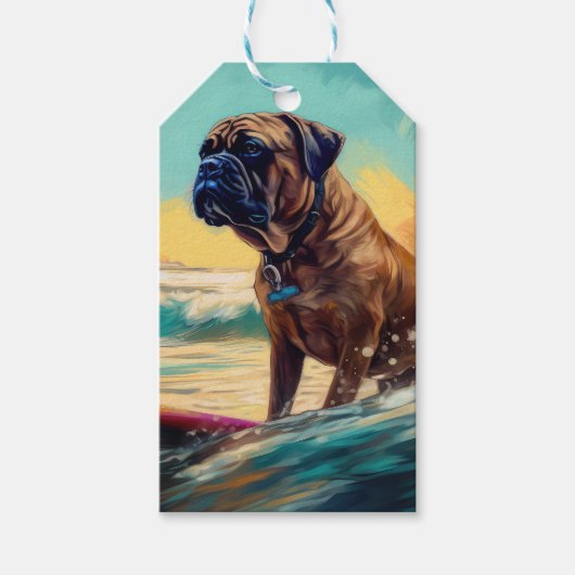 Bullmastiff strand surfen schilderij cadeaulabel (Voorkant)