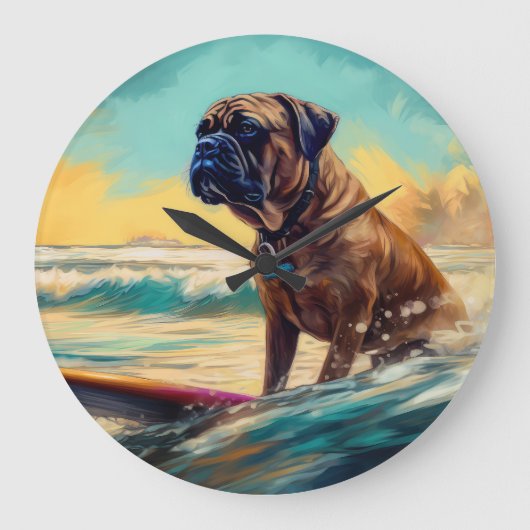 Bullmastiff strand surfen schilderij grote klok (Voorkant)