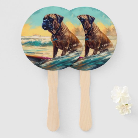 Bullmastiff strand surfen schilderij handwaaier (Voorkant en achterkant)