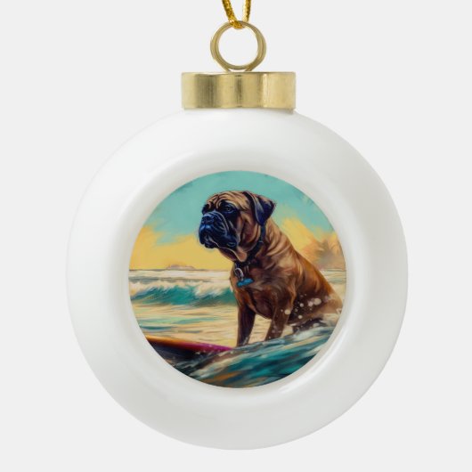 Bullmastiff strand surfen schilderij keramische bal ornament (Voorkant)