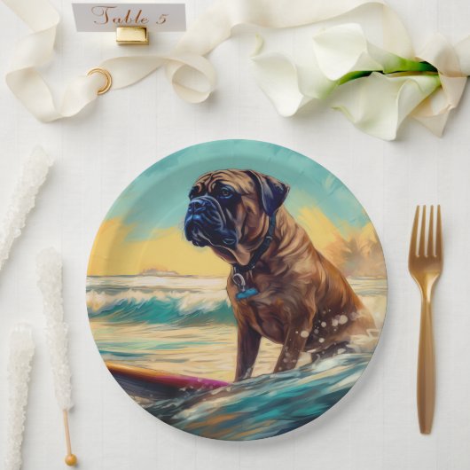 Bullmastiff strand surfen schilderij papieren bordje (Huwelijk)