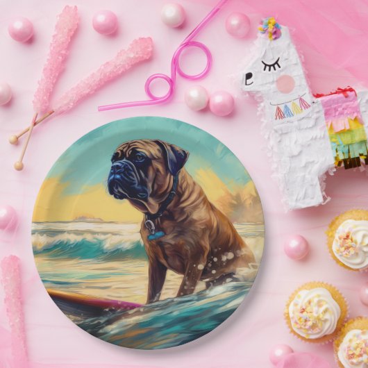 Bullmastiff strand surfen schilderij papieren bordje (Feest)