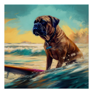 Bullmastiff strand surfen schilderij perfect poster