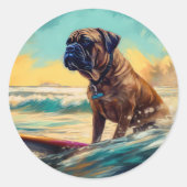 Bullmastiff strand surfen schilderij ronde sticker (Voorkant)